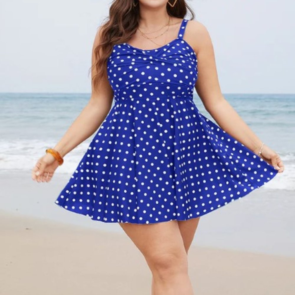Polka Dot Crossover Ruched Flutter Hem Swim Top
